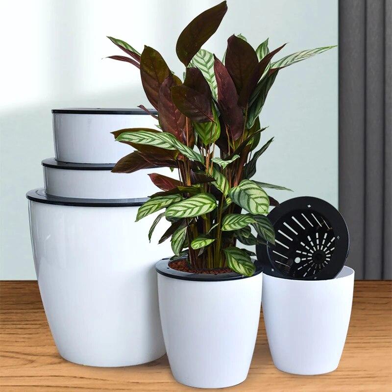 Treasure Yard Lazy Flower Pot Plastic Self Watering Flowerpot Home Garden Hydroponic Plants Planter Imitation Porcelain Office Desktop Decor