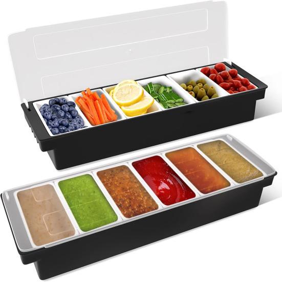 Kitchen artifact Seasoning Box Fruit Veggie Condiment Caddy with Lid Dispenser Tray Plastic Ice Cream Salad Bar Organizer for Restaurant Supplies