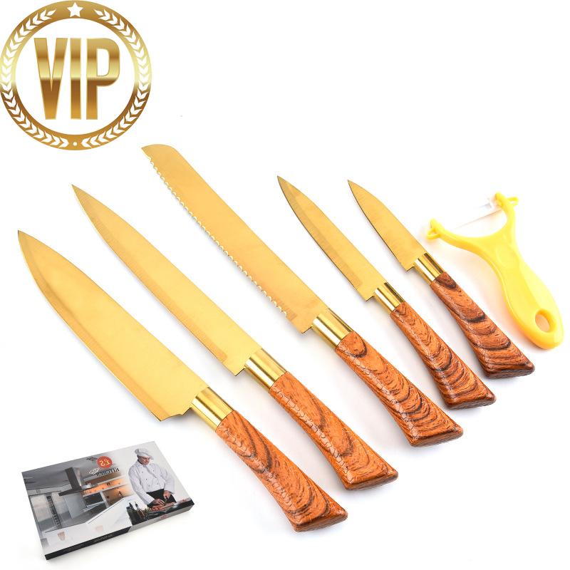 Kitchen Knife Home Set of 6 Stainless Steel with Gold Plated Knife Set Kitchen Knife Wood Grain Cover Handle Sharp Chef Paring Carving Knife