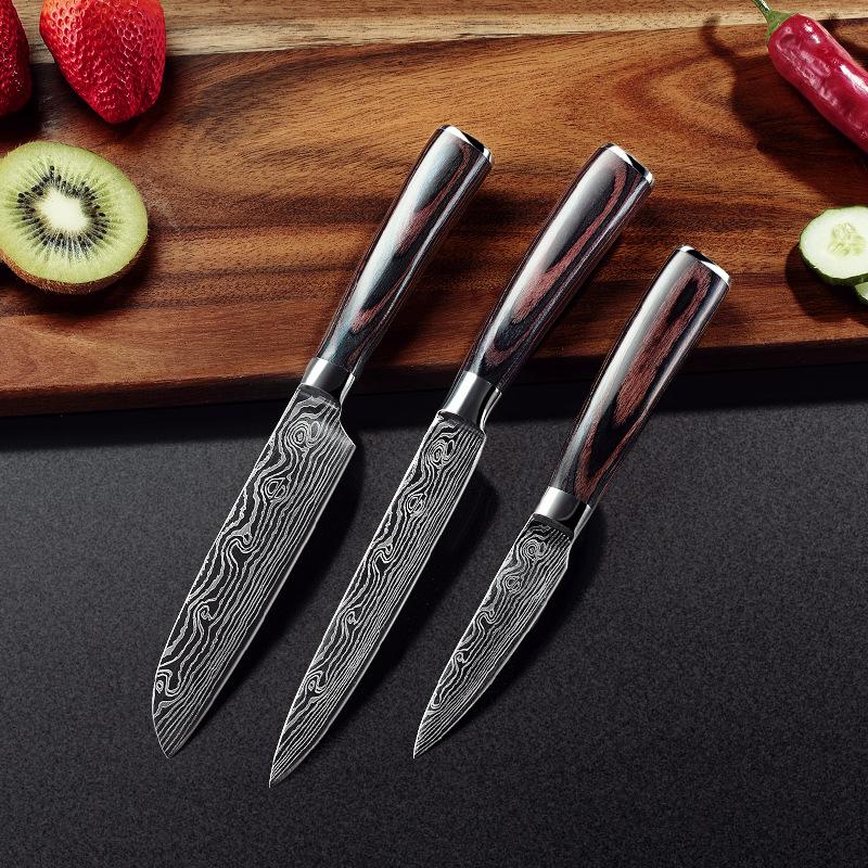 JYi Kitchen Fruit Knife Set 3pcs Damascus Steel Pattern  Knives Sets Cleaver Paring Santoku Slicing Utility Knife