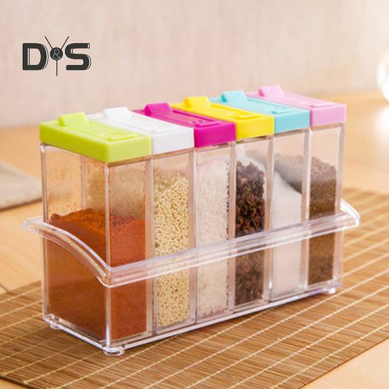 DYS Kitchen 6Pcs/Set Seasoning Box with Tray Condiment Storage Plastic Moisture-Proof Salt Jar