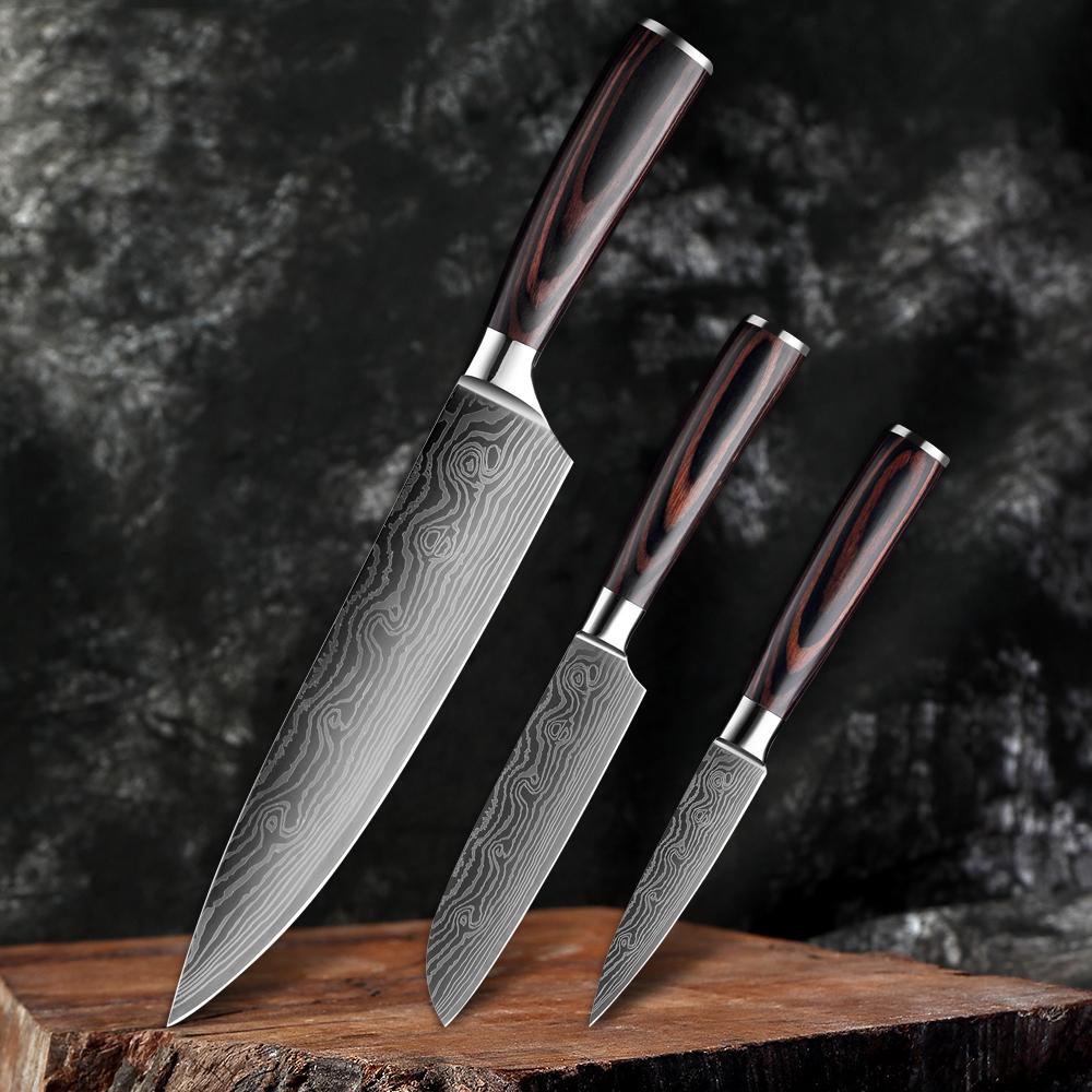 Kitchen Knife Home Japanese Chef Knife Set 3pcs Damascus Steel Pattern Kitchen Knives Sets Cleaver Paring Santoku Slicing Utility Knife