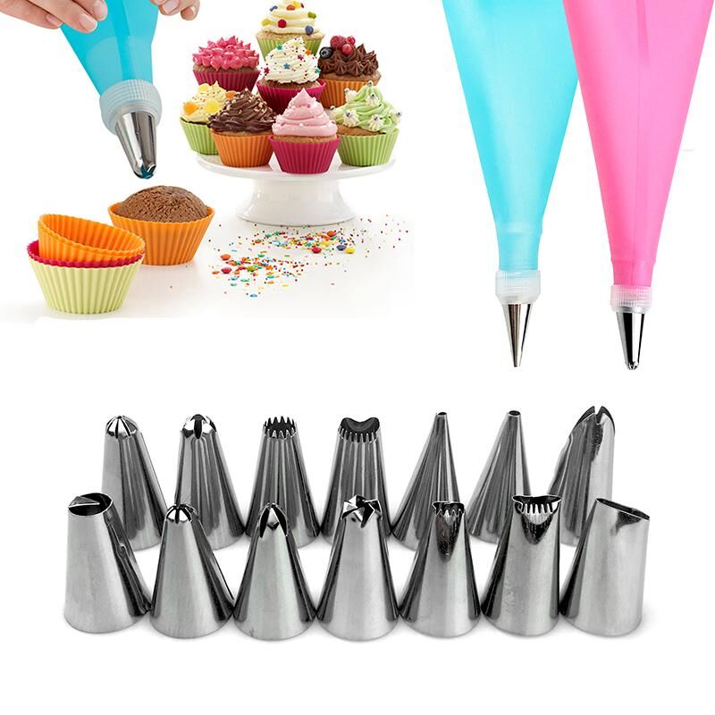 houseeker 16Pcs/Set Cake Decorating Tools 14 Stainless Steel Nozzle + Silicone Pastry Bag DIY Tips Set