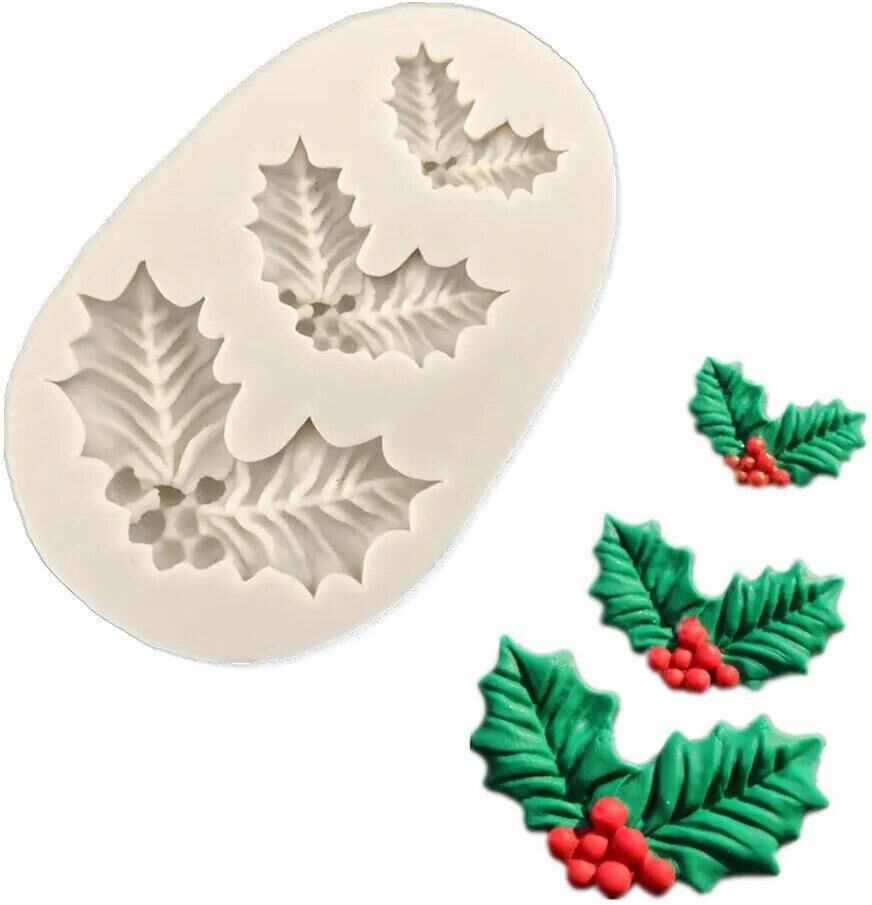 TianJinGeErLiShangMaoYouXianGongSi Christmas Holly Decoration Fondant Cake Silicone Mold Chocolate Candy Molds Cookies Pastry Biscuits Mould DIY Cake Baking Tools