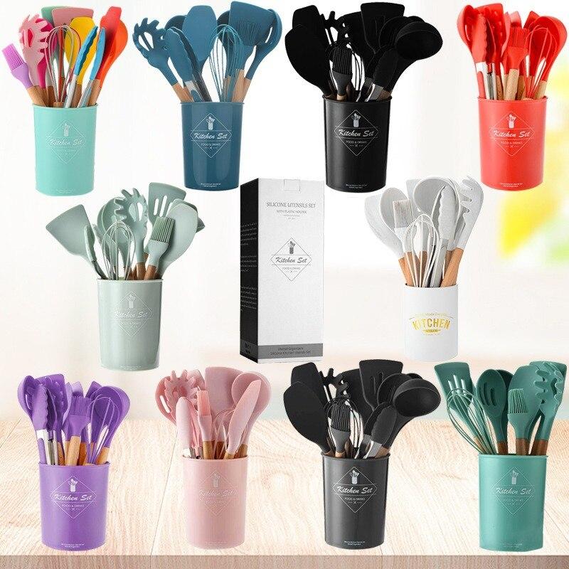 JANKNG HOME 11Pcs Cooking Tool Set Silicone Kitchen Utensils Set Non-stick Spatula Shovel Wooden Handle Utensilios Kitchen Accessories