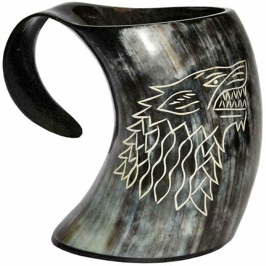 ROYAL HANDICRAFT Viking Drinking Horn Mug Wolf Carved Tankard For Beer Game Of Thrones Wolf Mug