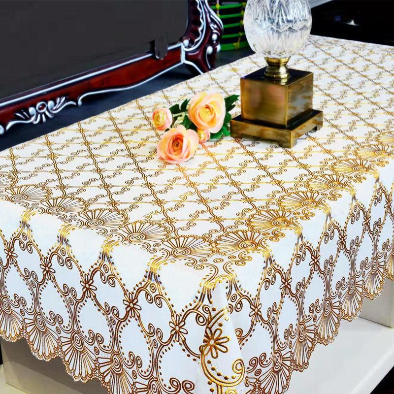Home Textiles-HH Household Waterproof Tablecloth Rectangular Oil Resistant PVC Plastic Tablecloth Golden Tanning Print Table Cover Nappy Tablecloth