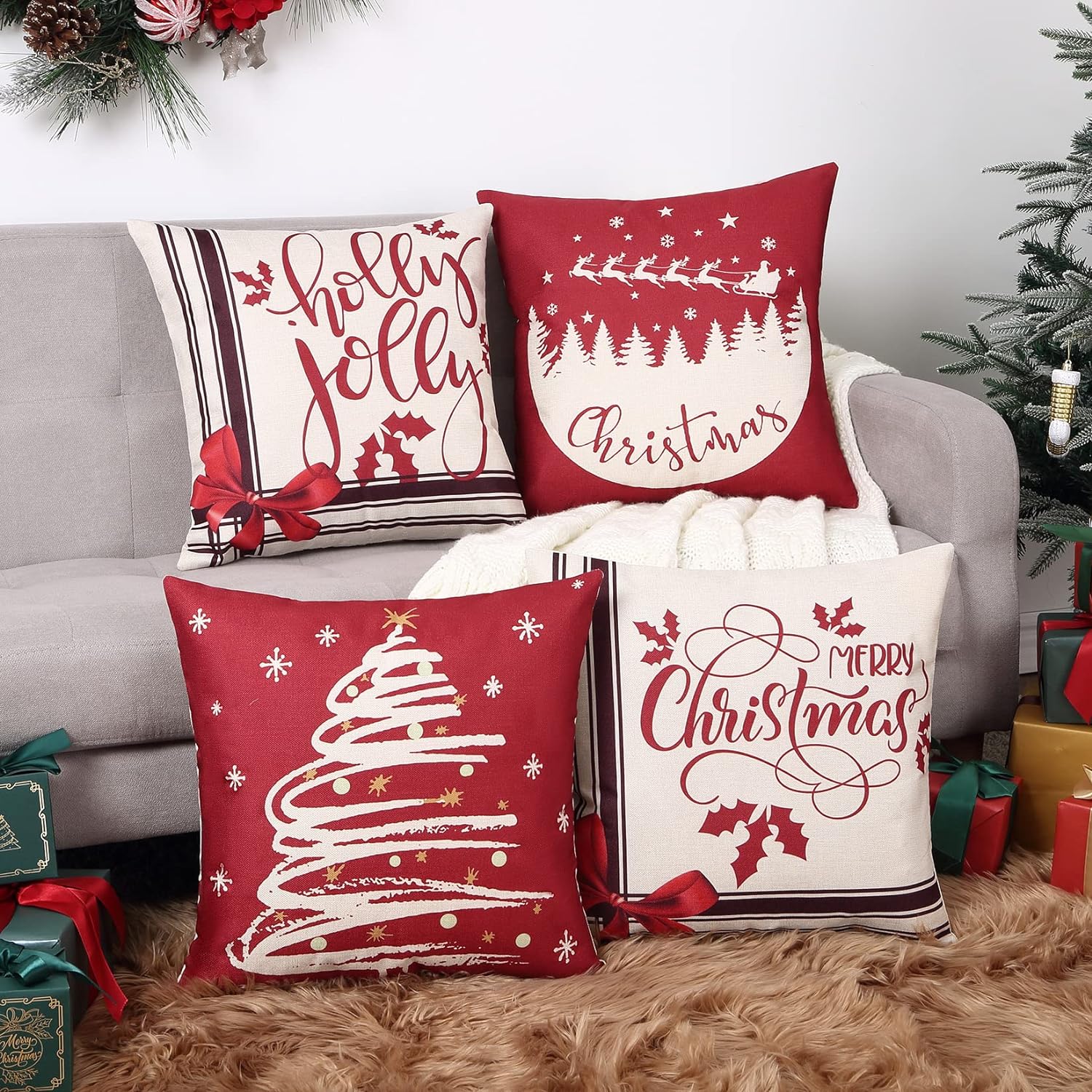 MY Healthy Christmas Cushion Cover, Faux Linen Red Decorative Christmas Tree Throw Pillow Case Cushion 18 x 18 Inch