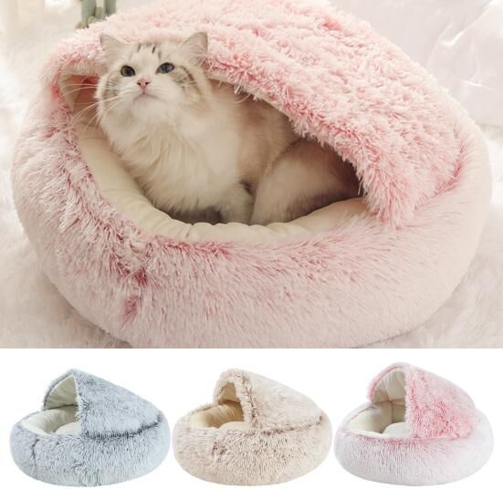 Pets Home Pet Bed Round Long Semi-closed Elastic Plush Soft Warm Small Solid Color Dog Puppy Cat Cave Nest House Pet