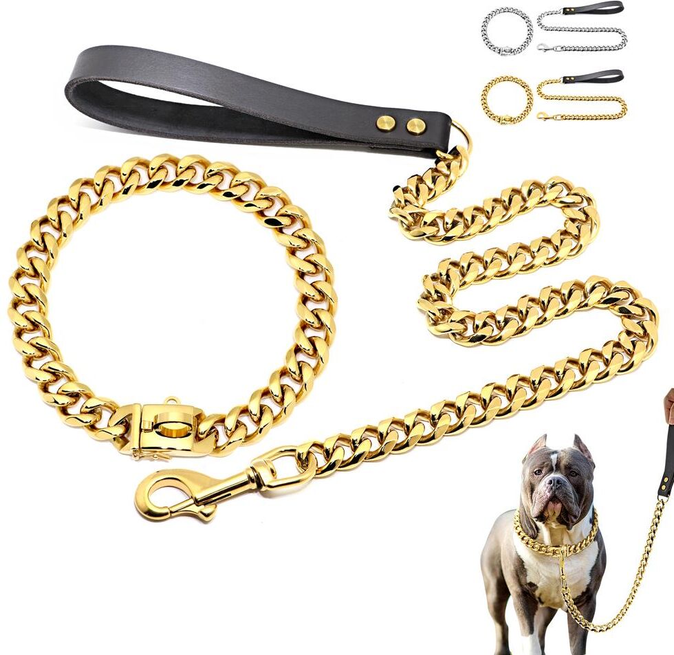 Pet happy world Stainless Steel Metal Gold Dog Accessories Chain Collar Leash Pet Training Collar For Medium Large Dogs Pitbull French Bulldog