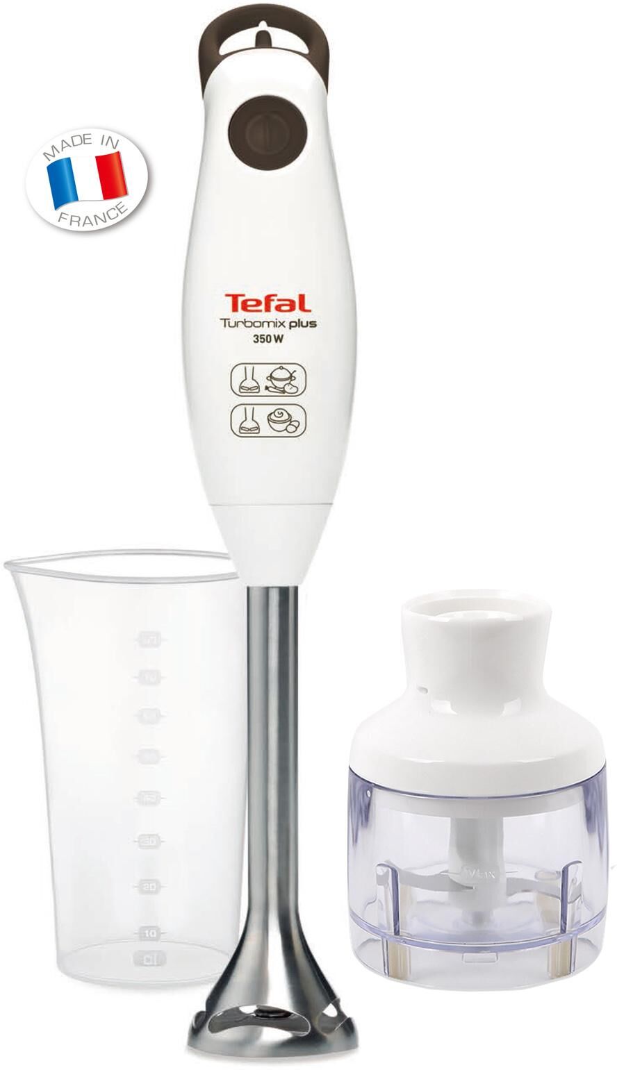 Tefal HB1021 Turbomix Plus Hand Blender (800ml) Beaker & Mini Chopper 2 Stainless Steel Bladed 350W White