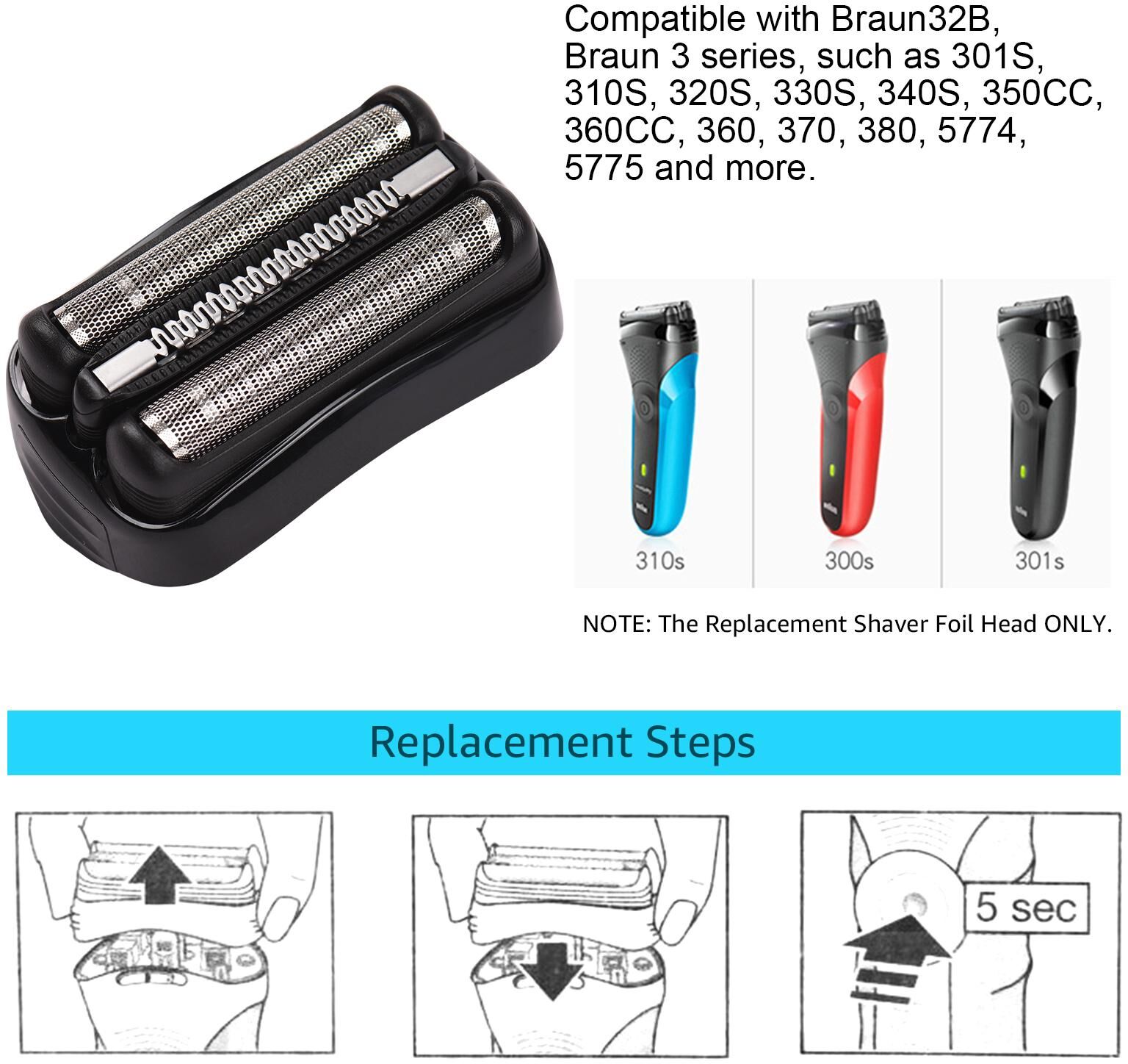 TOMTOP JMS Replacement Shaver Foil Head Part Cutter Compatible with Braun Razor Blade 32B 3 Series 300S 310S