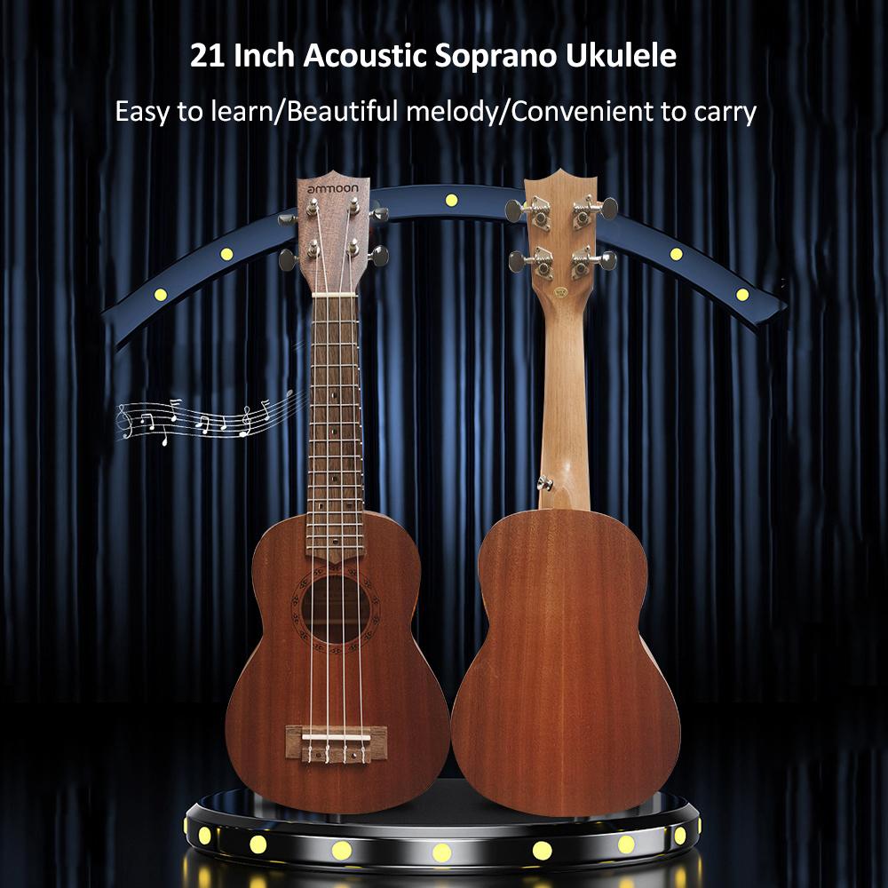 Ammoon21 Inch Acoustic Soprano Ukulele Ukelele Uke Sapele Wood Open Style Tuning Peg for Beginners Boys Girls