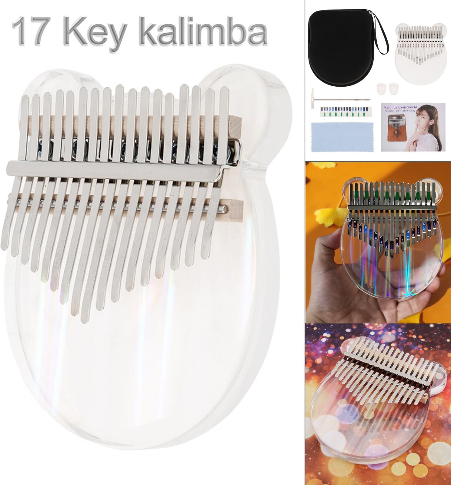 Musical 3 17 Keys Clear Laser Rainbow Bear Shape Kalimba Thumb Piano with Eva Protective Case