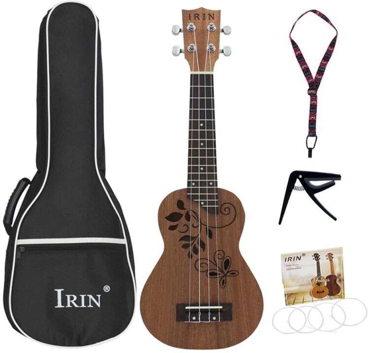 POTAN MUSIC 21inch Sapele Ukulele Hollow Carved Butterfly Leaves Rosewood Fingerboard Bridge Pad Small Guitar