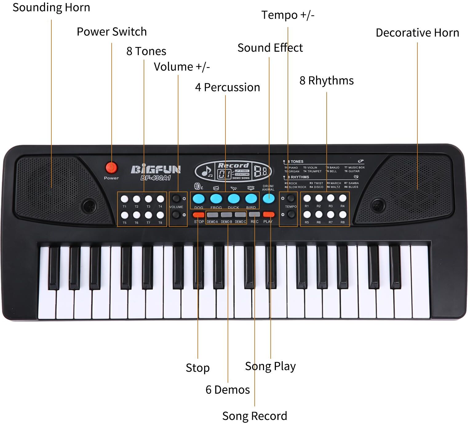 TOMTOP JMS BIGFUN 37 Keys USB Electronic Organ Kids Electric Piano with Microphone Black Digital Music