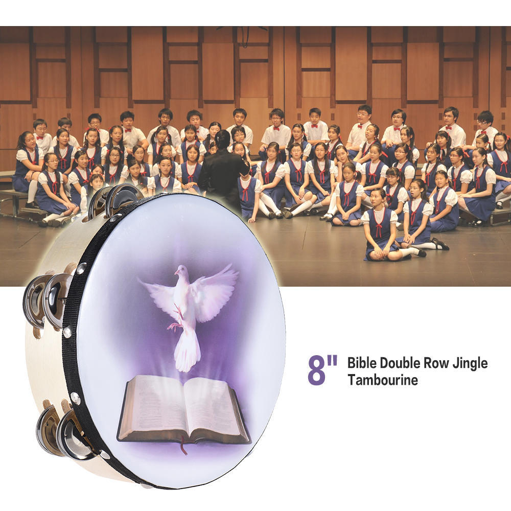 TOMTOP JMS Double Row Jingle Tambourine Handbell Clap Drum with Dove&Bible Pattern