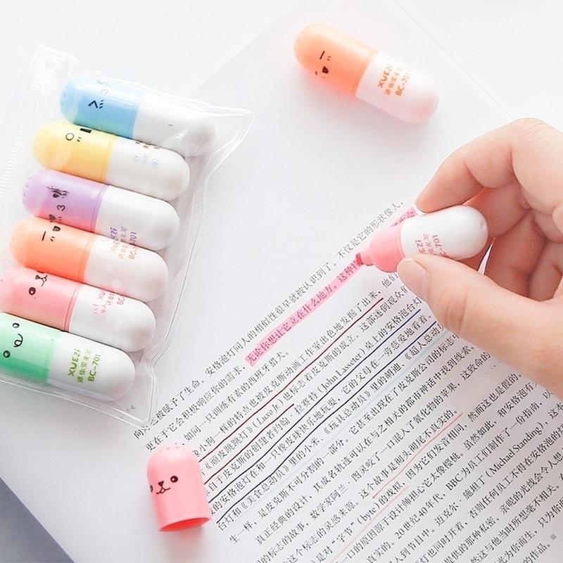 LY Happy Study-003 6pcs /Set Cute Mini Highlighter Marker Drawing Pen School Office Supply Kids Student Stationery
