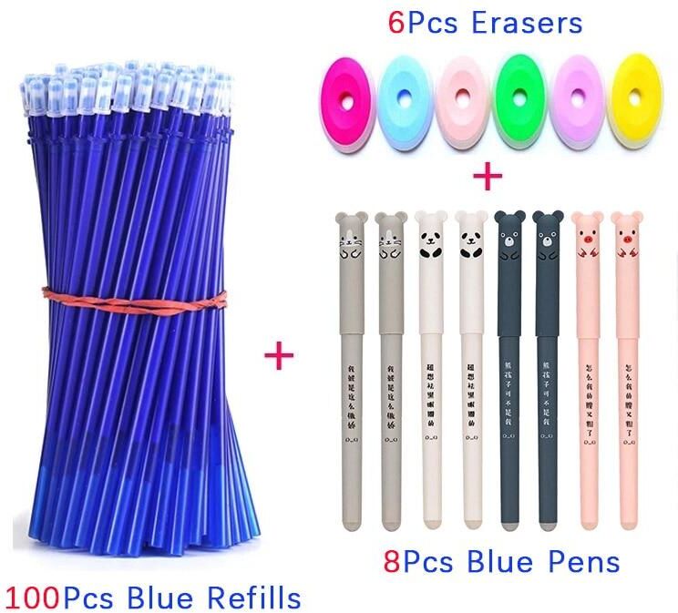 MROOFUL Stacionarii 114pcs/lot Panda Cat Erasable Pen Washable Handle Magic Gel Pens Refills Rods for School Office Writing Supplies Cute Stationery