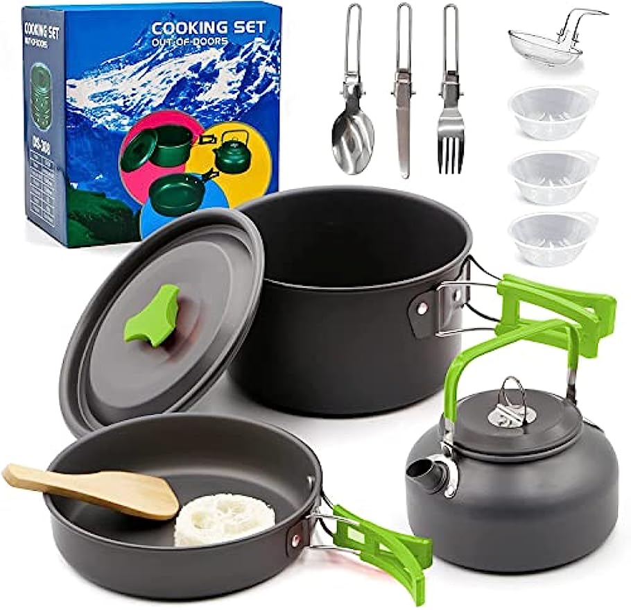 enjoyloneliness Camping Cookware Kit, Camping Cookware Set Outdoor Cooking Pot Pan Kettle Lightweight Camping Accessories Backpacking Hiking Gear for 2 to 3 People