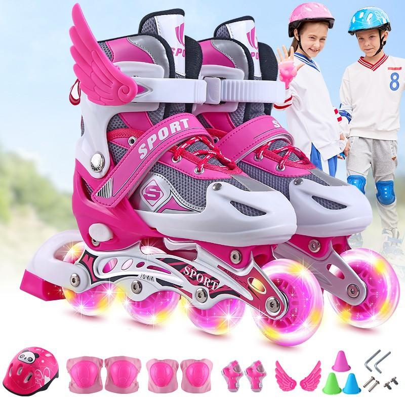 KK-Home Roller Skates Children's Skating Shoes Adjustable Telescopic Pulley Shoes Flash Men and Women Roller Skates