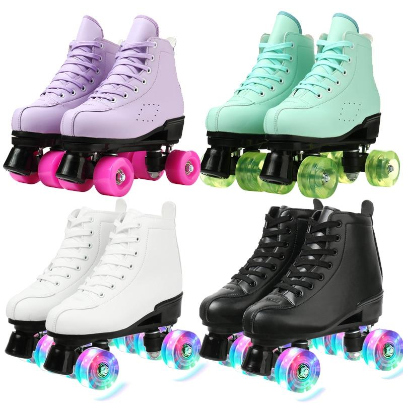 Finshoes Women White Pu Leather Roller Skates Skating Shoes Sliding Inline Quad Skates Sneakers Training Europe Size 4 Wheels Flash Wheel