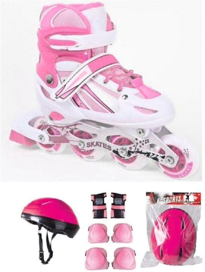 Palmiye istanbul Girl's Pink Double Row Adjustable Practice Skating Helmet And Knee Pads Set