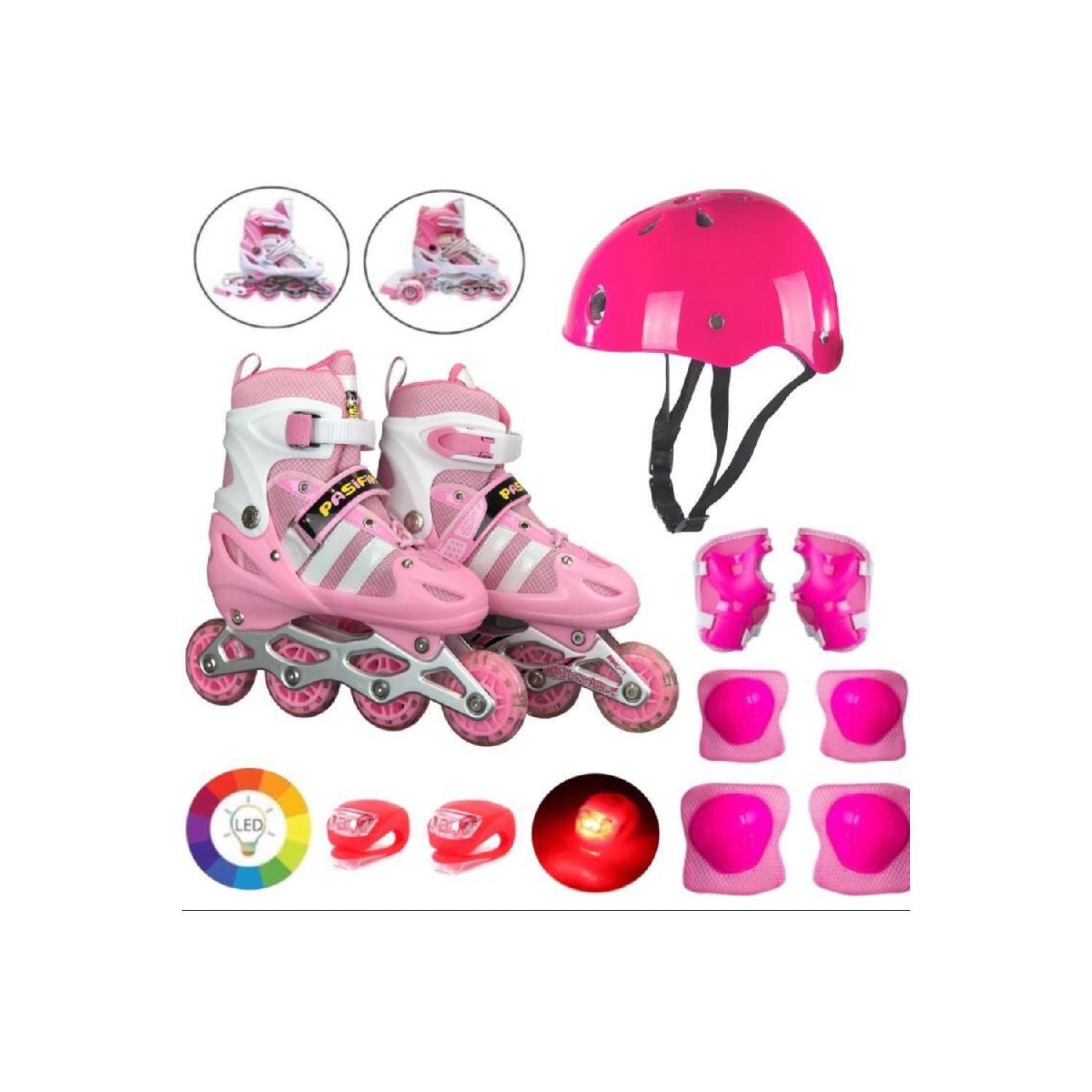 Palmiye istanbul Pink Luminous Wheel Adjustable Children's Exercise Skating 2 Functions Led Flashlight Helmet Knee Pad Set