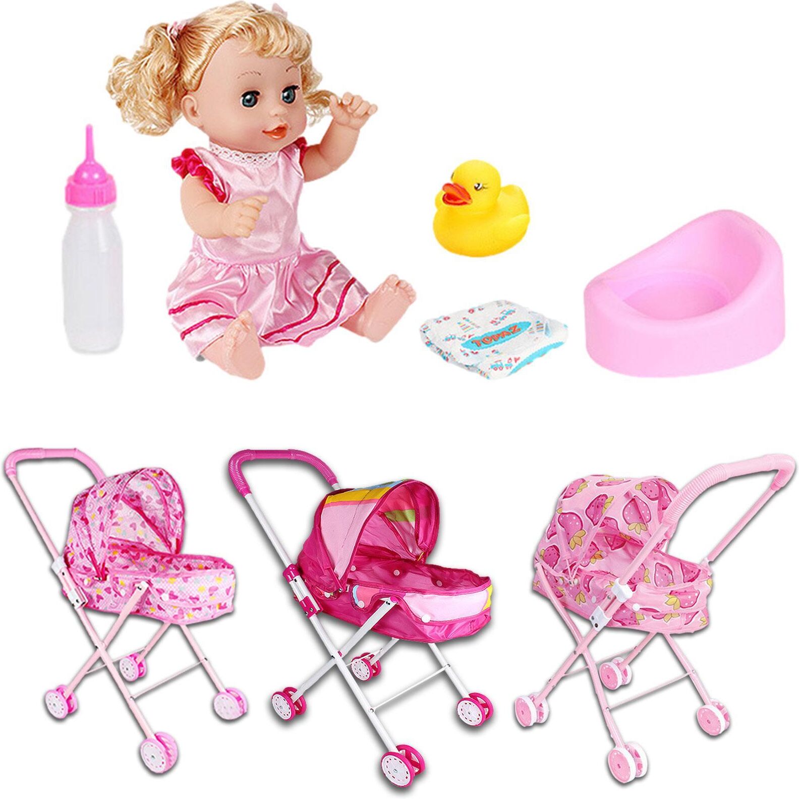 junxince-yueying Babys Doll Stroller Set   Babys Doll Set with Feeding Accessories   Deluxe Newborn Babys Doll Strol