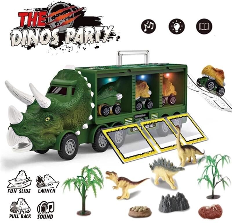 Fantagee Toy Music Lighting Dinosaur Car Transport Truck Pull Back Dino Car Vehicle Container Storage Model Kids Toys Boys Children Birthday Gift