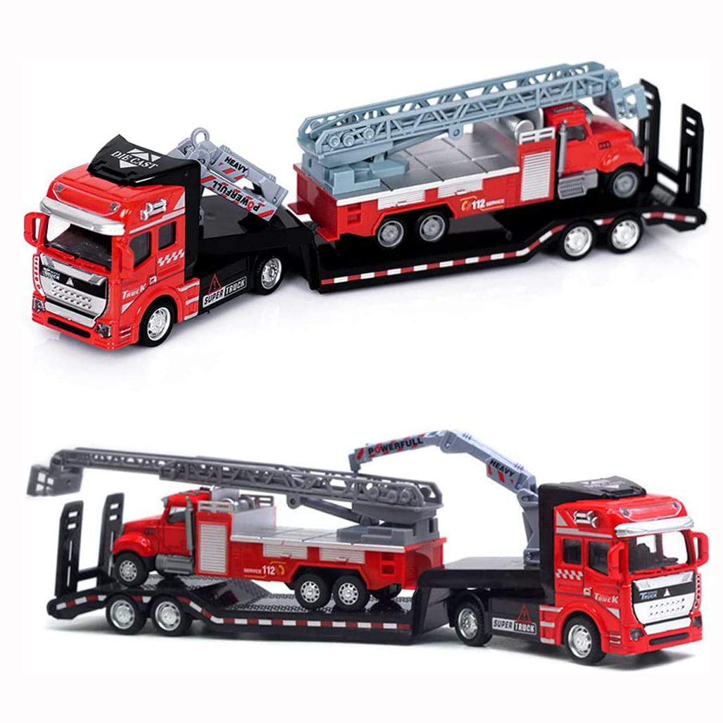 Thriving Toys Fire Truck Toys Set of 2, Pull Back Transport Car Play Vehicles, Includes Extendable Ladder Fire Engine and Diecast Fire Rescue Truck