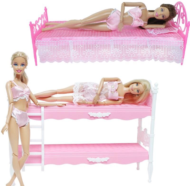 Funkid Toy Doll Furniture for Barbie Dollhouse Fashion Pink Bed Pretend Play Accessories 11.5 inch Doll Kid Toys