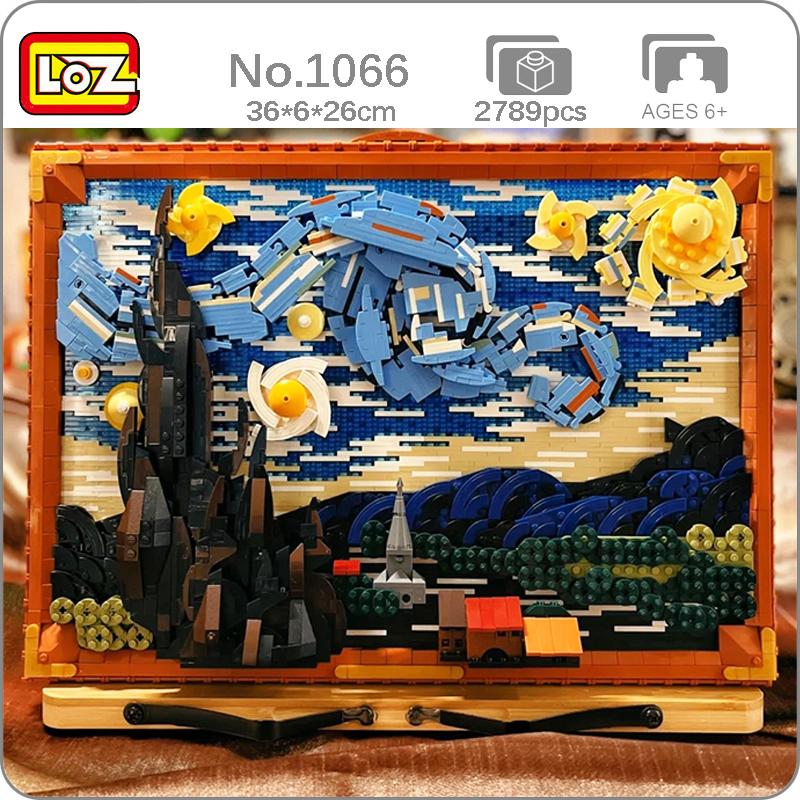 LOZ 1066 World Famous Painting The Starry Night Star Mountain Forest Town 3D Mini Blocks Bricks Building Toy for Children no Box