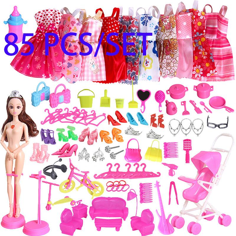 Toy and gift land 85Pcs Clothes Set Barbie Dolls DIY Fashion Accessorys Dresses Shoes Furnitures Girls Gift Kid Toy