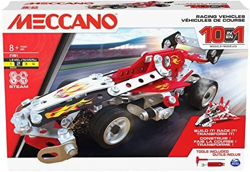 GiraffeKids Meccano, 10-in-1 Racing Vehicles STEM Model Building Kit with 225 Parts and Real Tools, Kids Toys for Ages 8 and up