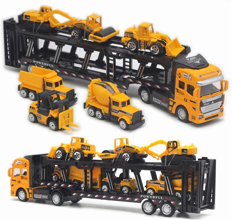 Thriving Toys Construction Toys Cars 7pcs Set 1:48 Carrier Truck Kids Play Vehicles for 2 3 4 Year Old Boys Pull Back Alloy Transport Car