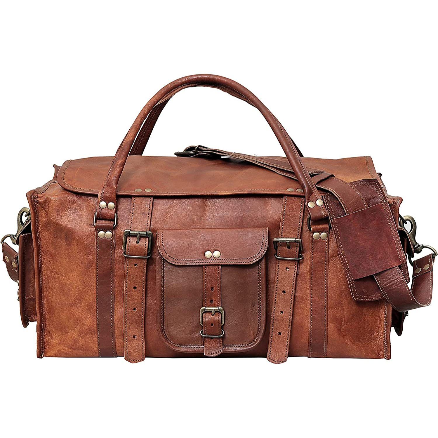 Vintage Goat leather Bags Mens Retro Style Carry on Luggage Flap Duffel Leather Duffel Bag