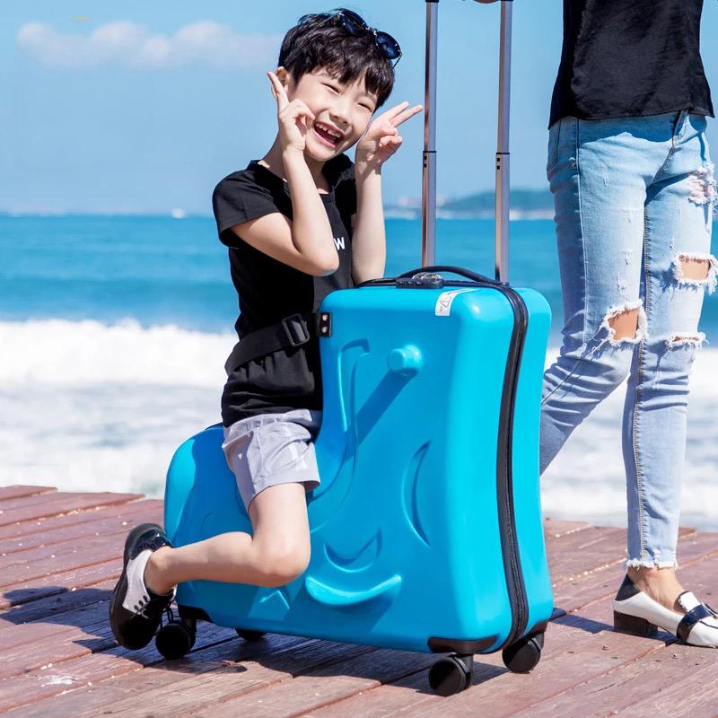 DOUBLE TRAVELLER New Kids Riding Trojanl Luggage Boys Girls Children Sitting Rolling Luggage Suitcase Spinner Wheels Childrens Gift Trolley Luggage Bag Case