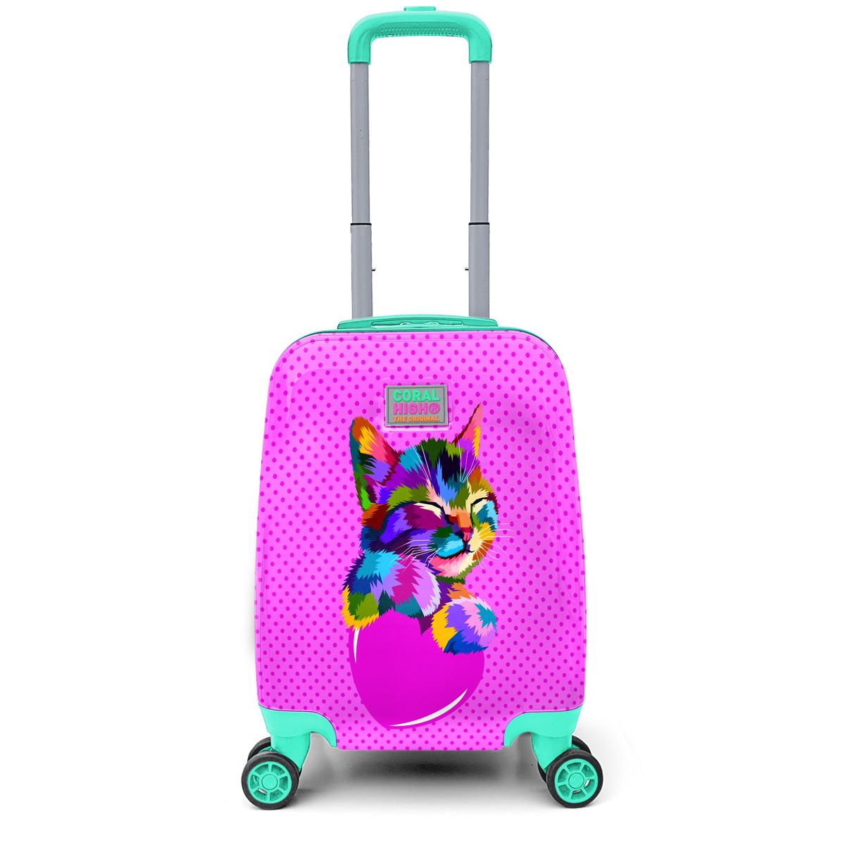 Coral High Kids Pink Water Green Cat Patterned Luggage 16730