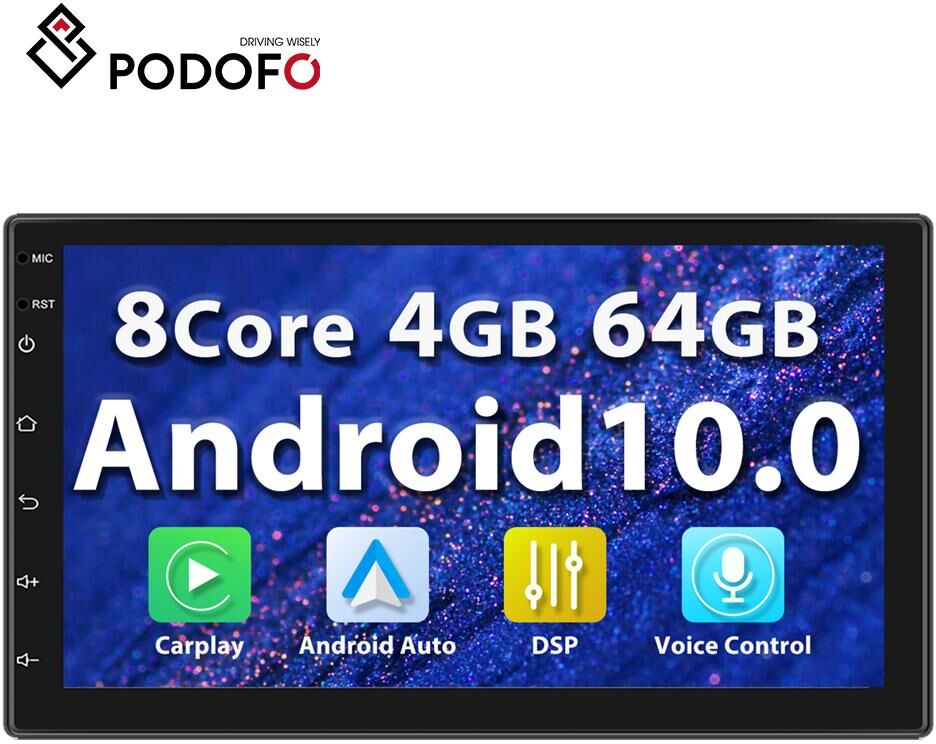 Podofo Intelligent AI Voice Auto Electronic Radio Player 7 Inch 8-core 4+64G Android 10.0 Support Carplay EQ DSP 4G/Wifi GPS Bluetooth FM AHD Camera