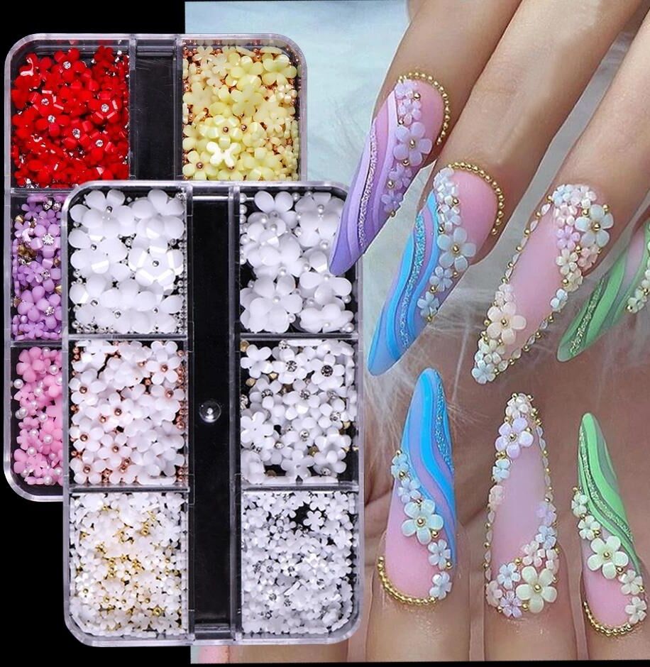 CoCo Xili Nail Art 6 Grids 3D White Acrylic Flower Nail Parts Mixed Steel Beads Charms Design Nails Decoration DIY Jewelry Accessory SASZCT-150