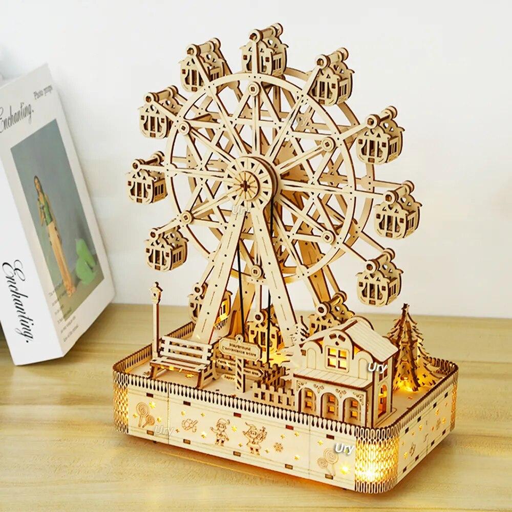 Happy World Electronics 3D Wooden Puzzles Led Rotatable Ferris Wheel Music Octave Box Model Mechanical Kit Assembly Decor DIY Toy Gift for Kid Adult