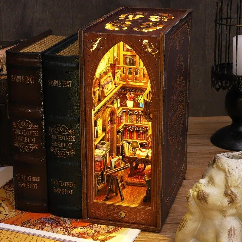 Happy World Electronics DIY Book Nook Shelf Insert Building Kits Dollhouse Miniature Bookstore Bookshelf 3D Wooden Bookend for Adult Children Gifts