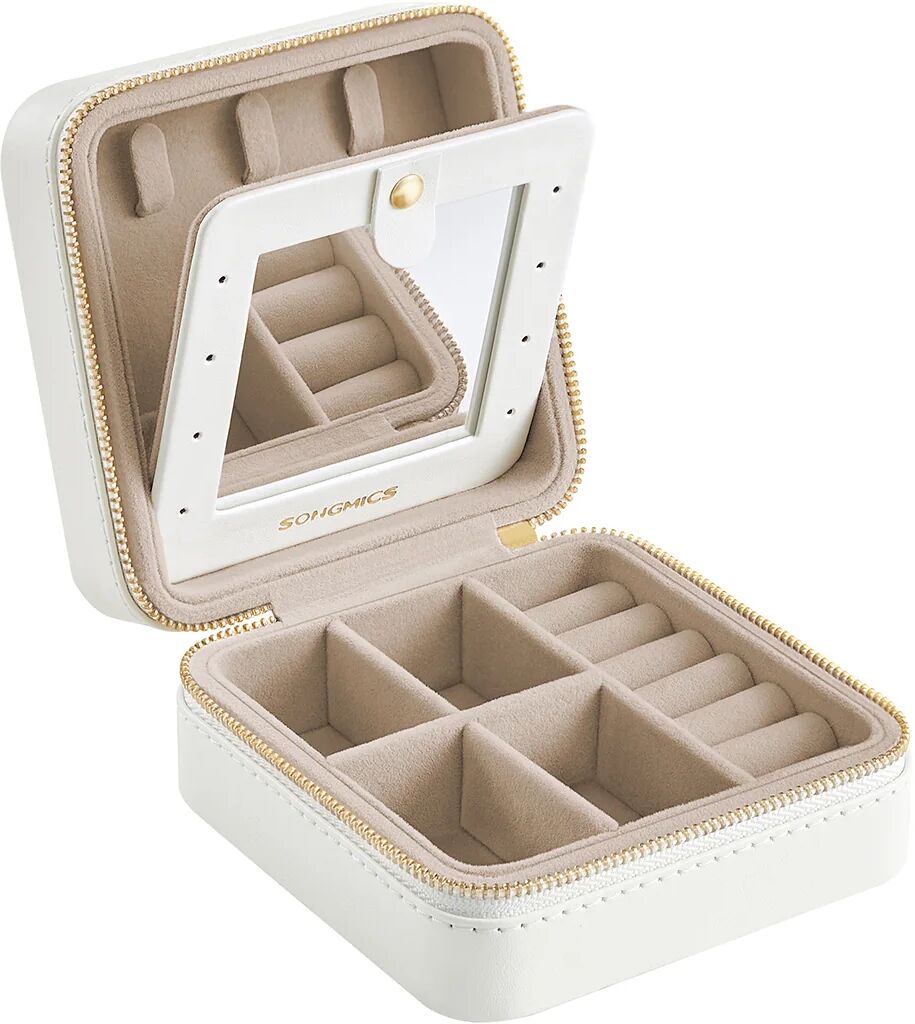 SONGMICS Travel Jewellery Box with Interior Mirror, Synthetic Leather, Cloud White