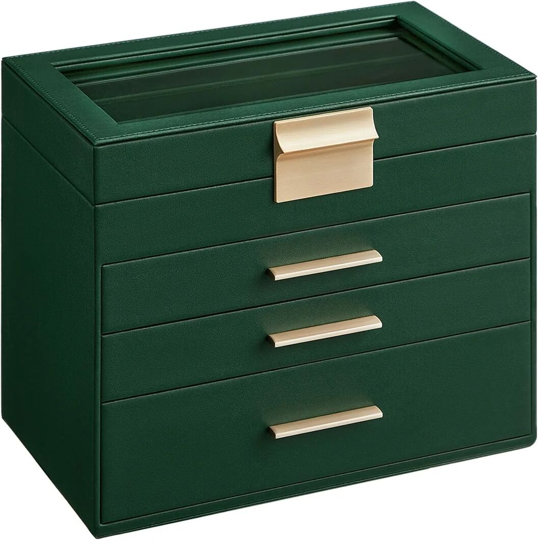 SONGMICS Jewellery Box with Glass Lid, Forest Green + Gold