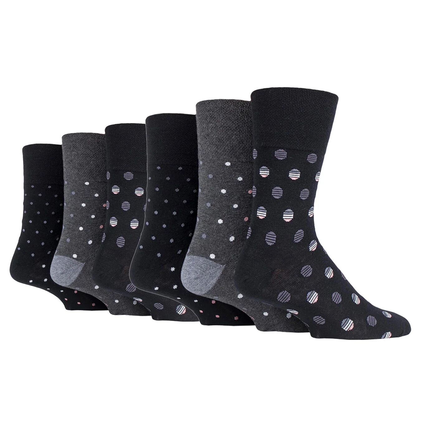 6 Pairs Ladies Plus Size Gentle Grip Cotton Socks - Polka Pop Black/Charcoal female