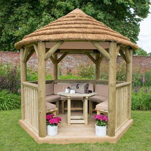 Forest Garden 10'x9' (3x2.7m) Luxury Wooden Furnished Garden Gazebo with Thatched Roof - Seats up to 10 people