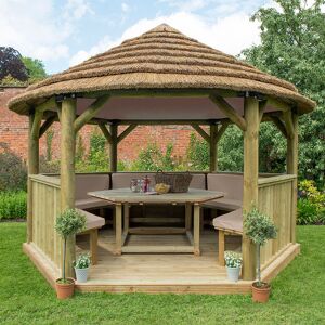 Forest Garden 13'x12' (4x3.5m) Luxury Wooden Furnished Garden Gazebo with Country Thatch Roof - Seats up to 15 people