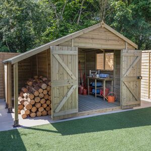 Forest Garden 10' x 8' Forest Timberdale 25yr Guarantee Tongue & Groove Pressure Treated Double Door Apex Shed with Logstore (3.07m x 2.36m)