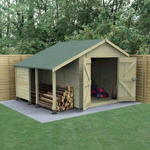 Forest Garden 10' x 8' Forest Timberdale 25yr Guarantee Tongue & Groove Pressure Treated Windowless Double Door Apex Shed with Logstore (3.07m x 2.36m)